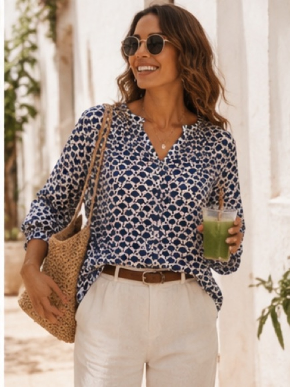 Velvet By Graham & Spencer Blue White Abstract Print Button Front 3/4 Sleeve Top - Picture 6 of 14